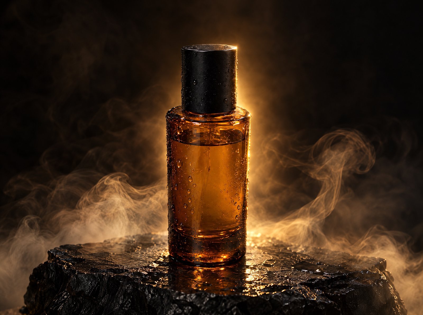 After: the amber perfume bottle as a cinematic hero shot on wet slate with golden rim light and smoke