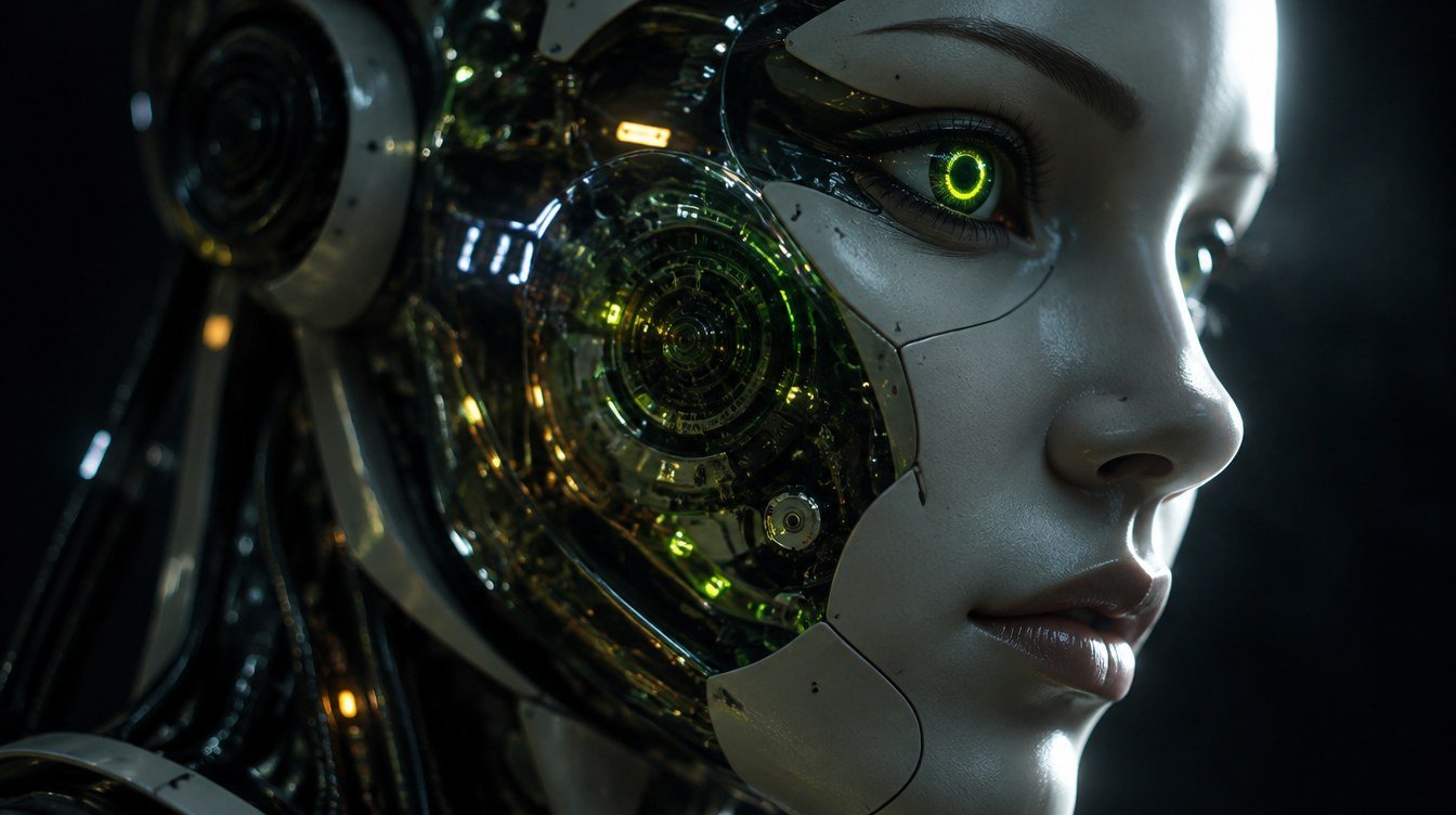 Key frame: close-up of an android face with porcelain panels, visible circuitry and a glowing lime eye
